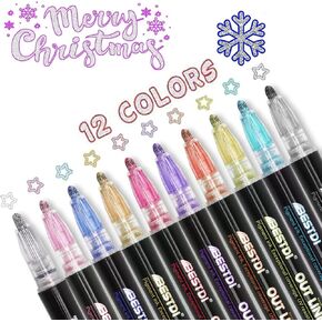 مجموعة علامات Doodle Dazzles اللامعة، علامات لامعة تحدد خطًا مزدوجًا، تنطبق على أقلام رسم كتابة بطاقات الهدايا لكتابة البطاقات، وبطاقات تهنئة عيد الميلاد، والرسم، والحرف الفنية التي تصنعها بنفسك، وهدايا عيد الميلاد (12 لونًا)