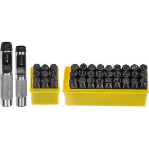 HARFINGTON 36pcs Metal Stamping Kit 1/2" (12.5mm) (A-Z, 0-8, "&" Symbol) Steel Letter Punch Press Tool with Hole Punch to Stamp on Metal, Plastic, Wood, Leather, Black