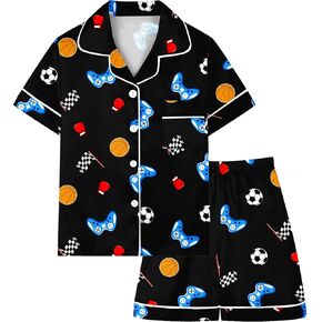 Schbbbta Boys Silk Pajamas Button Down Sleepwear Satin Nightwear 2 Pcs Pj Set in Kuwait