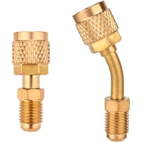 Straight Adapter & Angled Adapter, R410A Adapter Mini Split Adapter 5/16" Female to 1/4" Male Flare Charging Vacuum Port Adapter for Air Conditioner