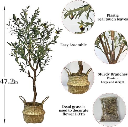 4ft Artificial Olive Tree - Large Faux Olive Plant with Realistic Silk Leaves and Rattan Wicker Pot, Perfect for Home, Living Room, Office Decor, Indoor & Outdoor Use, Ideal Housewarming Gift in Saudi Arabia