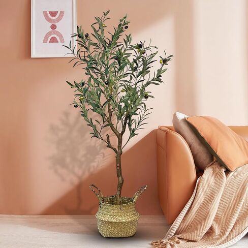 4ft Artificial Olive Tree - Large Faux Olive Plant with Realistic Silk Leaves and Rattan Wicker Pot, Perfect for Home, Living Room, Office Decor, Indoor & Outdoor Use, Ideal Housewarming Gift in Saudi Arabia