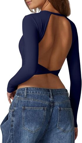 QINSEN Women's Crew Neck Open Back Long Sleeve Basic Crop Tops Stretch Backless Going Out Tee Shirt in Kuwait