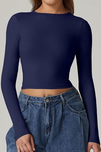 QINSEN Women's Crew Neck Open Back Long Sleeve Basic Crop Tops Stretch Backless Going Out Tee Shirt in Kuwait