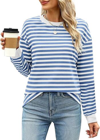 قمصان نسائية مخططة بأكمام طويلة من MAYAMANG، قمصان تونيك ذات رقبة دائرية، قمصان أساسية كاجوال in Kuwait