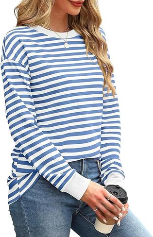 قمصان نسائية مخططة بأكمام طويلة من MAYAMANG، قمصان تونيك ذات رقبة دائرية، قمصان أساسية كاجوال in Kuwait