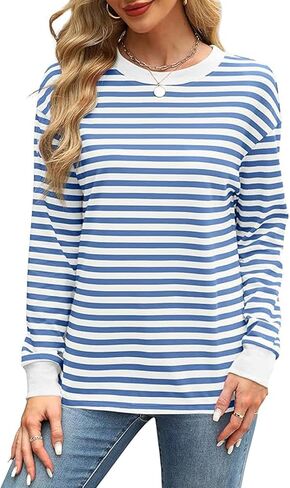 قمصان نسائية مخططة بأكمام طويلة من MAYAMANG، قمصان تونيك ذات رقبة دائرية، قمصان أساسية كاجوال in Kuwait