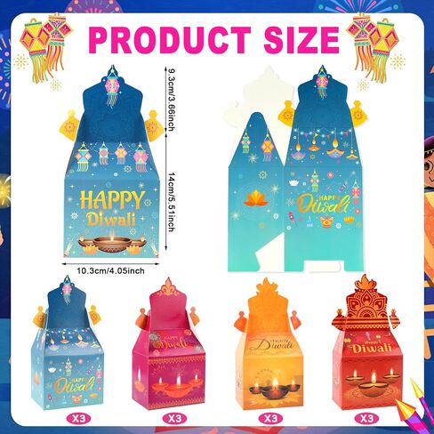 HOWAF 12 PCS Happy Diwali Candy Boxes Diwali Party Decoration Gift Boxes Festival of Lights Treat Boxes Diwali Diya Goodie Boxes for Indian Deepavali Party Supplies Favor in Saudi Arabia