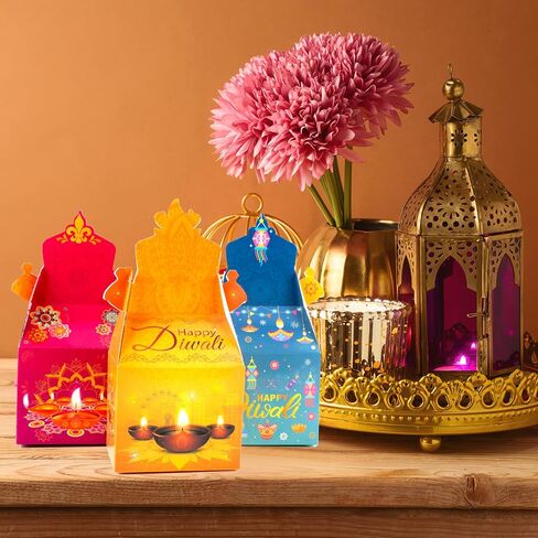 HOWAF 12 PCS Happy Diwali Candy Boxes Diwali Party Decoration Gift Boxes Festival of Lights Treat Boxes Diwali Diya Goodie Boxes for Indian Deepavali Party Supplies Favor in Saudi Arabia