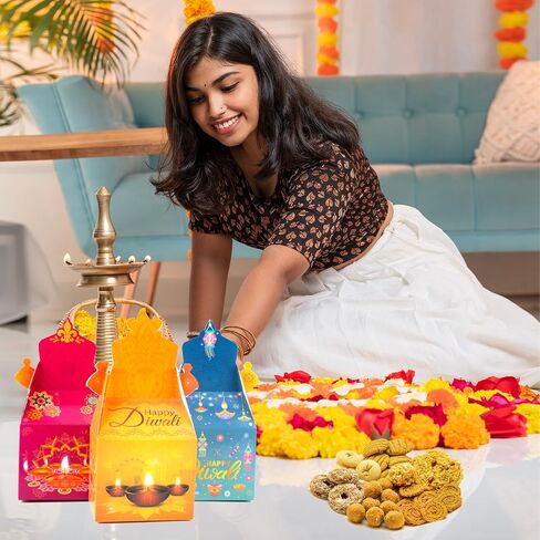 HOWAF 12 PCS Happy Diwali Candy Boxes Diwali Party Decoration Gift Boxes Festival of Lights Treat Boxes Diwali Diya Goodie Boxes for Indian Deepavali Party Supplies Favor in Saudi Arabia