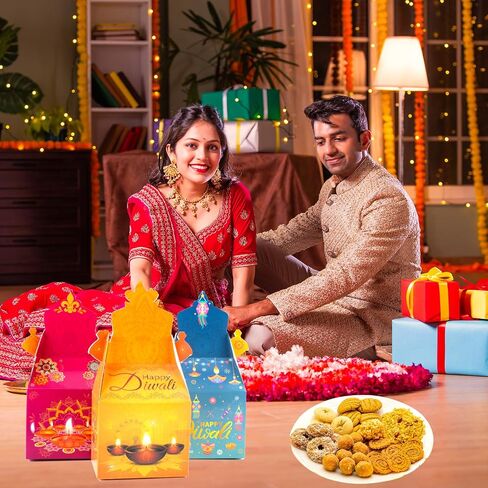 HOWAF 12 PCS Happy Diwali Candy Boxes Diwali Party Decoration Gift Boxes Festival of Lights Treat Boxes Diwali Diya Goodie Boxes for Indian Deepavali Party Supplies Favor in Saudi Arabia