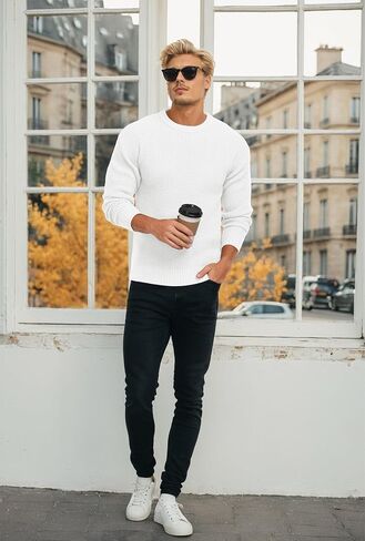 Askdeer Men's Pullover Sweater Waffle Textured Long Sleeve Knit Crewneck Casual Sweater in Saudi Arabia