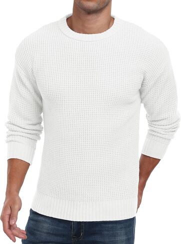 Askdeer Men's Pullover Sweater Waffle Textured Long Sleeve Knit Crewneck Casual Sweater in Saudi Arabia