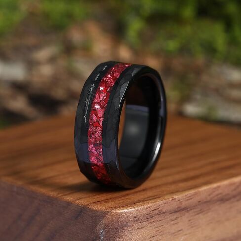 8mm Black Gold or Rose Gold Plated Tungsten Rings for Men - Eternity Pink/Green/Red Birthstone Mens Tungsten Wedding Bands with Gold Foil Leaf - Unique Gothic Daily Wear Promise Rings for Him in Kuwait