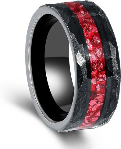 8mm Black Gold or Rose Gold Plated Tungsten Rings for Men - Eternity Pink/Green/Red Birthstone Mens Tungsten Wedding Bands with Gold Foil Leaf - Unique Gothic Daily Wear Promise Rings for Him in Kuwait