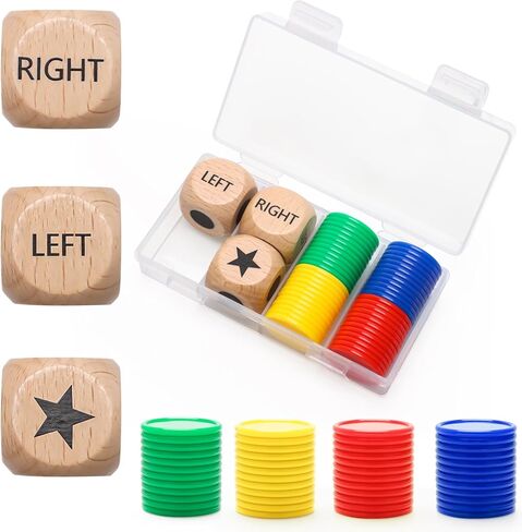 3 + 48 قطعة من نرد لعبة المركز الأيمن الأيسر، Luxiv 3 قطع نرد لعبة خشبية يسار يمين مركزي مع 48 قطعة 4 رقائق ألوان، صناديق تخزين in Kuwait