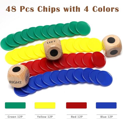 3 + 48 قطعة من نرد لعبة المركز الأيمن الأيسر، Luxiv 3 قطع نرد لعبة خشبية يسار يمين مركزي مع 48 قطعة 4 رقائق ألوان، صناديق تخزين in Kuwait