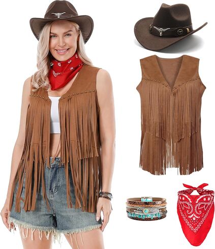 Western Cowgirl Costume for Women Cowboy Tassel Vest for Women Outfit with Hat Bandana Necklace in Saudi Arabia