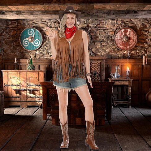 Western Cowgirl Costume for Women Cowboy Tassel Vest for Women Outfit with Hat Bandana Necklace in Saudi Arabia
