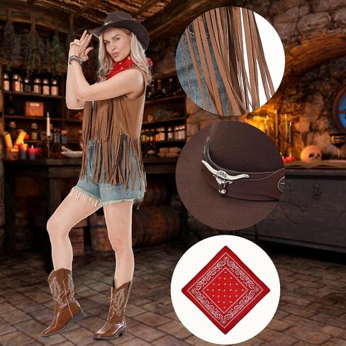 Western Cowgirl Costume for Women Cowboy Tassel Vest for Women Outfit with Hat Bandana Necklace in Saudi Arabia