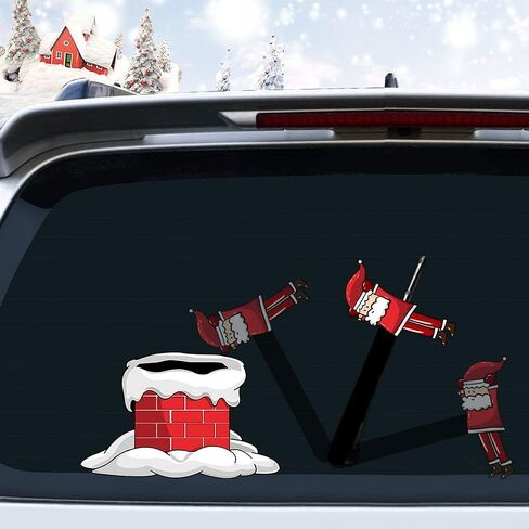 Christmas Santa Claus and Chimney Rear Window Wiper Decal Funny Waving Arm Wiper Sticker Reusable Windshield Wiper Decal Christmas Decoration Car Sticker (Santa Claus with Gift and Chimney) in Kuwait