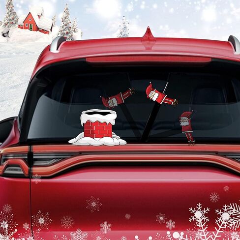 Christmas Santa Claus and Chimney Rear Window Wiper Decal Funny Waving Arm Wiper Sticker Reusable Windshield Wiper Decal Christmas Decoration Car Sticker (Santa Claus with Gift and Chimney) in Kuwait