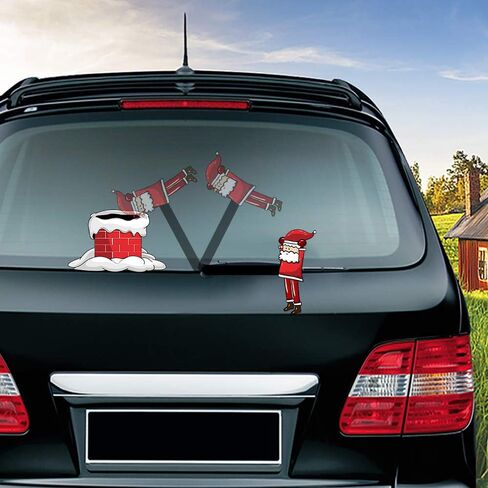 Christmas Santa Claus and Chimney Rear Window Wiper Decal Funny Waving Arm Wiper Sticker Reusable Windshield Wiper Decal Christmas Decoration Car Sticker (Santa Claus with Gift and Chimney) in Kuwait