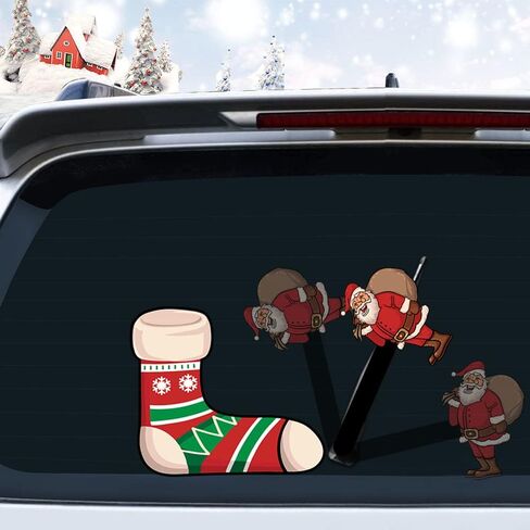 Christmas Santa Claus and Chimney Rear Window Wiper Decal Funny Waving Arm Wiper Sticker Reusable Windshield Wiper Decal Christmas Decoration Car Sticker (Santa Claus with Gift and Chimney) in Kuwait