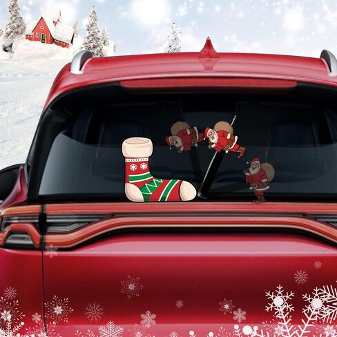 Christmas Santa Claus and Chimney Rear Window Wiper Decal Funny Waving Arm Wiper Sticker Reusable Windshield Wiper Decal Christmas Decoration Car Sticker (Santa Claus with Gift and Chimney) in Kuwait