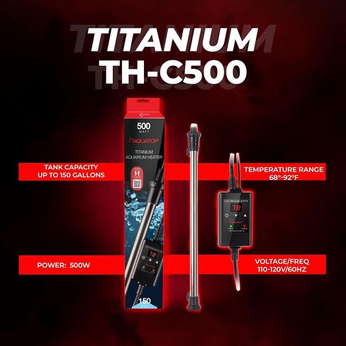 سخان تيتانيوم أكواتوب 500 وات مع وحدة تحكم - قابل للغمر بالكامل لخزانات الأسماك حتى 150 جالون، درجة حرارة قابلة للتعديل 68-92، سخان مياه متين، سخان حوض السمك للسلاحف والأسماك الكبيرة، TH-C500 in Kuwait
