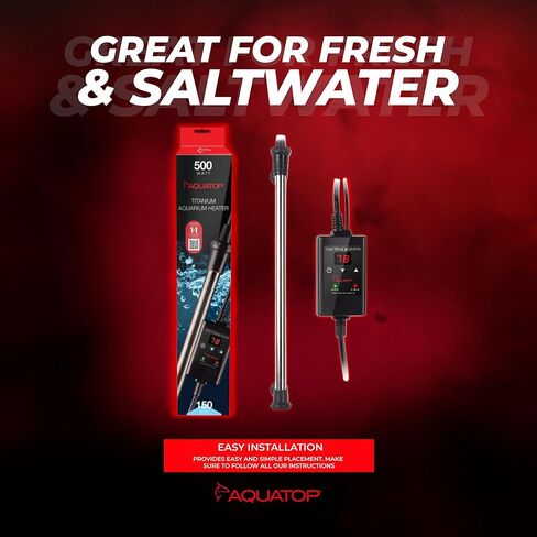 سخان تيتانيوم أكواتوب 500 وات مع وحدة تحكم - قابل للغمر بالكامل لخزانات الأسماك حتى 150 جالون، درجة حرارة قابلة للتعديل 68-92، سخان مياه متين، سخان حوض السمك للسلاحف والأسماك الكبيرة، TH-C500 in Kuwait
