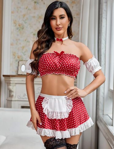 Avidlove Sexy Maid Lingerie for Women Cosplay Lingerie Set Contrast Lace Maid Costume Set(5pack) in Saudi Arabia
