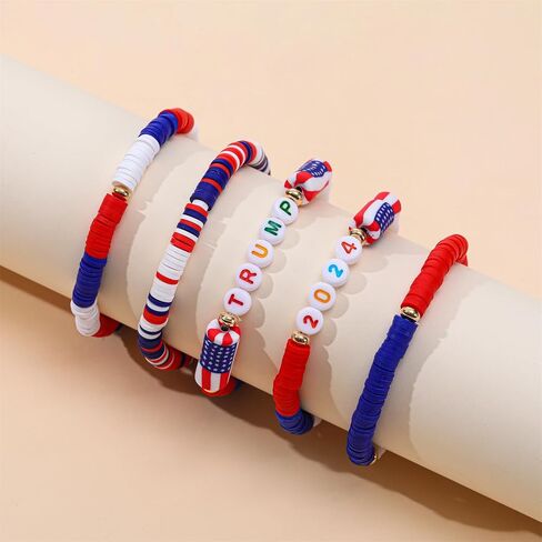 American Flag Beaded Bracelets Patriotic Clay Colorful Red White Blue Handmade Jewelry for Women in Saudi Arabia
