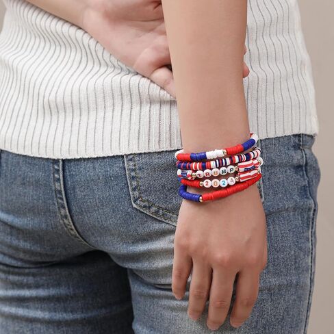 American Flag Beaded Bracelets Patriotic Clay Colorful Red White Blue Handmade Jewelry for Women in Saudi Arabia