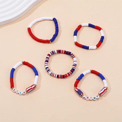 American Flag Beaded Bracelets Patriotic Clay Colorful Red White Blue Handmade Jewelry for Women in Saudi Arabia