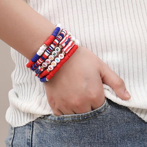 American Flag Beaded Bracelets Patriotic Clay Colorful Red White Blue Handmade Jewelry for Women in Saudi Arabia