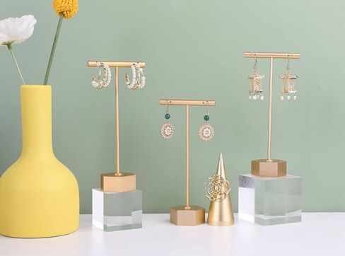 GemeShou 3pcs Earring T Stand، حامل عرض القرط الذهبي للبيع، حامل صغير على شكل T، منظم مجوهرات معدني لعرض دعامات التصوير الفوتوغرافي في المتجر عبر الإنترنت 【قاعدة ذهبية سداسية 3 قطع ارتفاع 5.3 بوصة】 in Saudi Arabia