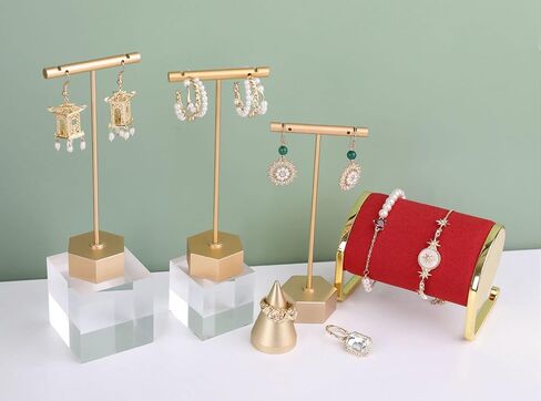 GemeShou 3pcs Earring T Stand، حامل عرض القرط الذهبي للبيع، حامل صغير على شكل T، منظم مجوهرات معدني لعرض دعامات التصوير الفوتوغرافي في المتجر عبر الإنترنت 【قاعدة ذهبية سداسية 3 قطع ارتفاع 5.3 بوصة】 in Saudi Arabia