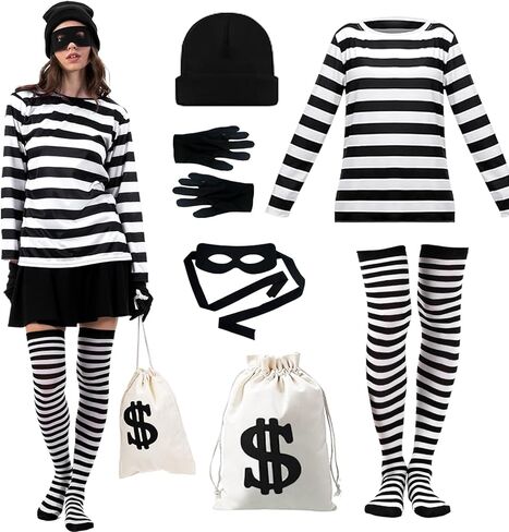 Halloween Women Robber Costume Set: 6pcs Burglar Costume for Women - Cosplay Thief Accessories for Halloween Party in Saudi Arabia