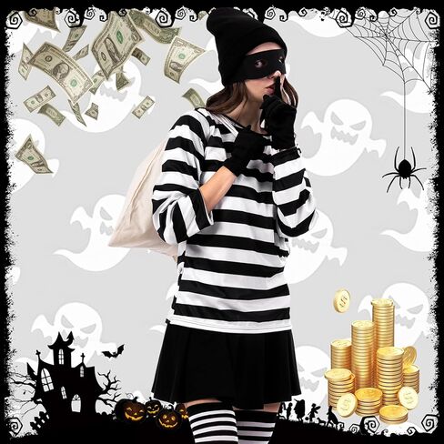 Halloween Women Robber Costume Set: 6pcs Burglar Costume for Women - Cosplay Thief Accessories for Halloween Party in Saudi Arabia