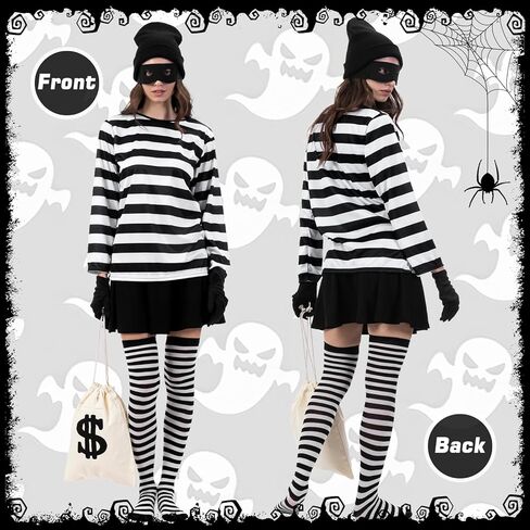 Halloween Women Robber Costume Set: 6pcs Burglar Costume for Women - Cosplay Thief Accessories for Halloween Party in Saudi Arabia