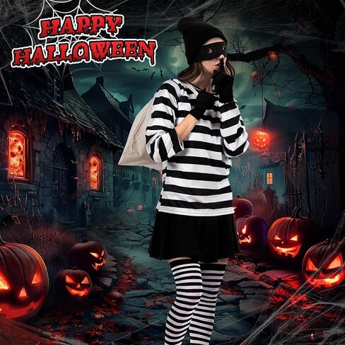 Halloween Women Robber Costume Set: 6pcs Burglar Costume for Women - Cosplay Thief Accessories for Halloween Party in Saudi Arabia