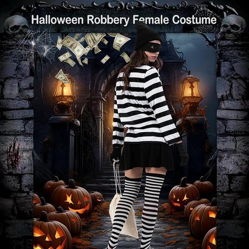 Halloween Women Robber Costume Set: 6pcs Burglar Costume for Women - Cosplay Thief Accessories for Halloween Party in Saudi Arabia