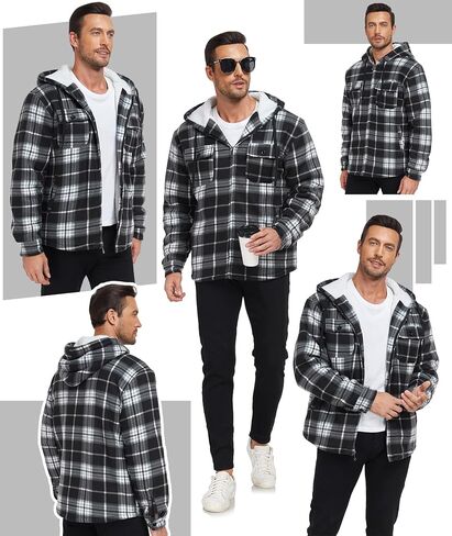 SECOOD Mens Flannel Sherpa Lined Jacket with Hood Plaid Shirts Jackets Zip Up Long Sleeve Sweatshirt Winter Coat for Men in Kuwait