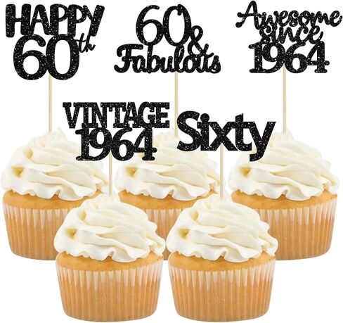 Gyufise 30Pcs 60th Birthday Cupcake Toppers Vintage 1964 Cake Decorations Cheers to 60 Fabulous Sixty Cupcake Picks 60th Birthday Wedding Anniversary Party Cake Decorations Supplies Black in Kuwait