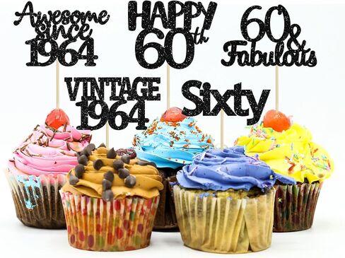 Gyufise 30Pcs 60th Birthday Cupcake Toppers Vintage 1964 Cake Decorations Cheers to 60 Fabulous Sixty Cupcake Picks 60th Birthday Wedding Anniversary Party Cake Decorations Supplies Black in Kuwait