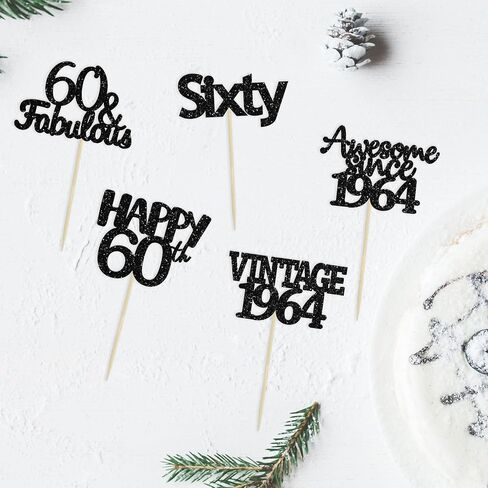 Gyufise 30Pcs 60th Birthday Cupcake Toppers Vintage 1964 Cake Decorations Cheers to 60 Fabulous Sixty Cupcake Picks 60th Birthday Wedding Anniversary Party Cake Decorations Supplies Black in Kuwait