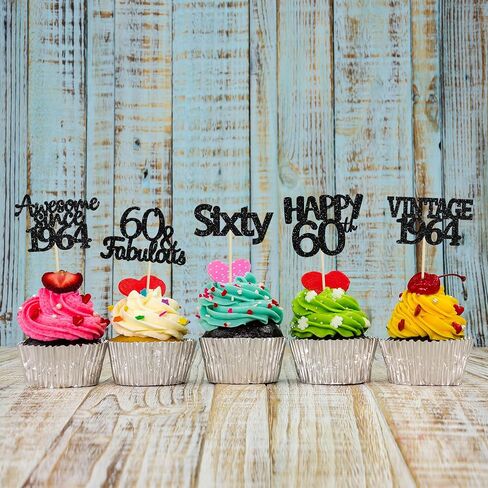 Gyufise 30Pcs 60th Birthday Cupcake Toppers Vintage 1964 Cake Decorations Cheers to 60 Fabulous Sixty Cupcake Picks 60th Birthday Wedding Anniversary Party Cake Decorations Supplies Black in Kuwait