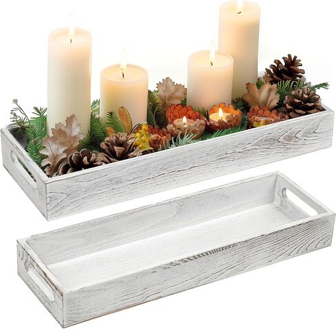 LotFancy Wooden Decorative Tray, Set of 2, Long Rustic Centerpiece Tray for Dining Room, Coffee Table Décor, Rectangle Farmhouse Tray in Saudi Arabia