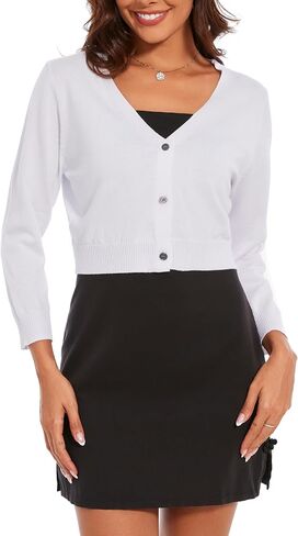 Women's Cropped Cardigan Sweater Crew Neck Button Down 3/4 Sleeve Soft Knit Bolero Shrugs in Saudi Arabia